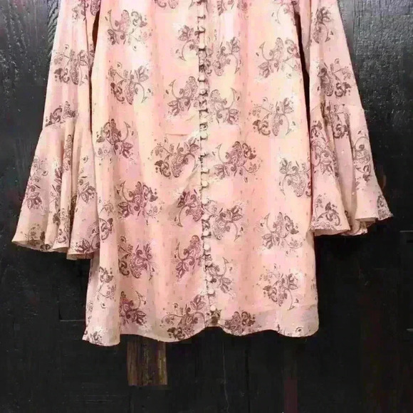 LULUS Disco Boho Mauve Multi Print Flounce Sleeve Button-Front Dress Medium - Picture 3 of 11